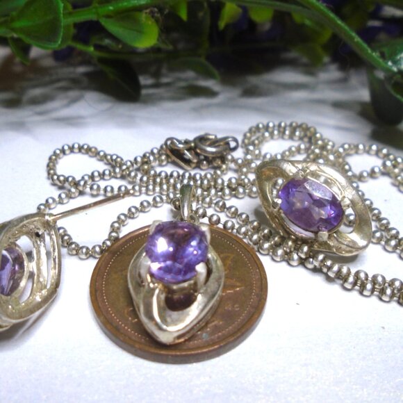 925 sterling silver and faceted Natural Amethyst Necklace and Stud Earring Set - Picture 11 of 11